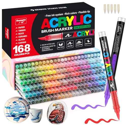 Gelanty Feutre Acrylique, 168 couleurs Acrylic Paint Marker avec embout pinceau flexible, liquide direct marqueur acrylique, feutres coloriage pour la peinture sur roche, céramique, bois