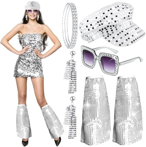 Shyllin Disco glittertillbehör, disco glitter outfit kvinnor 70-talet kostym, paljetter discokula tillbehör, paljetter solglasögon hatt manschett örhängen armband fest karneval halloween, silver, L