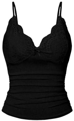 GORGLITTER Women's Deep V Neck Scalloped Bow Lace Cami Tops Ruched Sexy Skinny Crop Tops Black X-Large