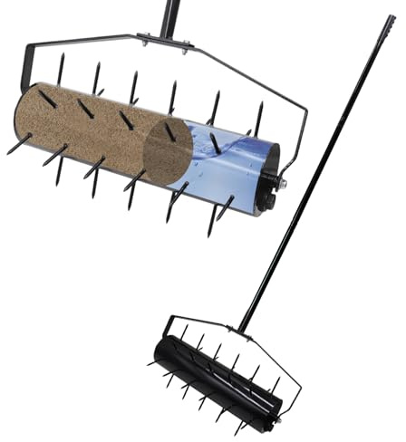 18 Inch Heavy Duty Rolling Lawn Aerator, Adjustable Weight Manual Roller Lawn Aerator Tool with Pre-Welded Spike, Hand Roller Soil Aerator for Garden Yard Lawn Grass Care with 49 Inch Steel Handle