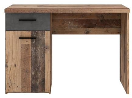 möbelando Schreibtisch >Winnie< in Old-Wood Vintage Dekor mit Betonoptik Dunkelgrau bietet eine stabile Arbeitsfläche (110x76,3x60 cm), 1 Schublade und 2 Drehtüren im Industrial-Stil.