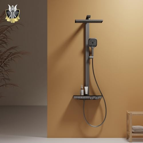 EMKE Colonne de Douche Thermostatique, 402x573x1050 mm, Anthracite Mat | Pommeau de Douche Extra Large de 360 mm, Barre de Levée Ajustable, Douche à Main 4 Fonctions, Réglage du Débit d'Eau