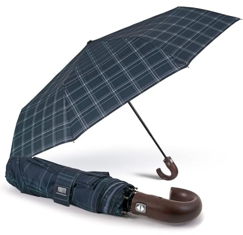 PERLETTI Paraguas Antiviento Hombre Plegable Abre y Cierra Automático - Paraguas Compacto Mango Curvado Madera Estampado Escocés - Resistente Ligero - Diámetro 104 cm (Tartán Azul y Verde)