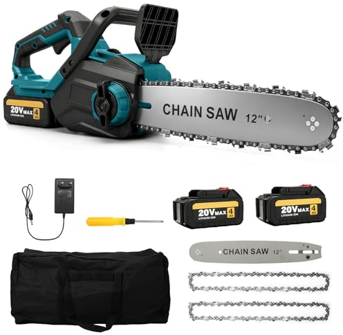 12 Zoll Akku Kettensäge Kompatibel mit Makita 18V, Bürstenloser Motor Kabellos Elektro Kettensäge mit 2x 3Ah Akkus, 3 Ketten, Werkzeuglose Kettenspannung & Auto-Öler, Ideal für Holz, Bäume