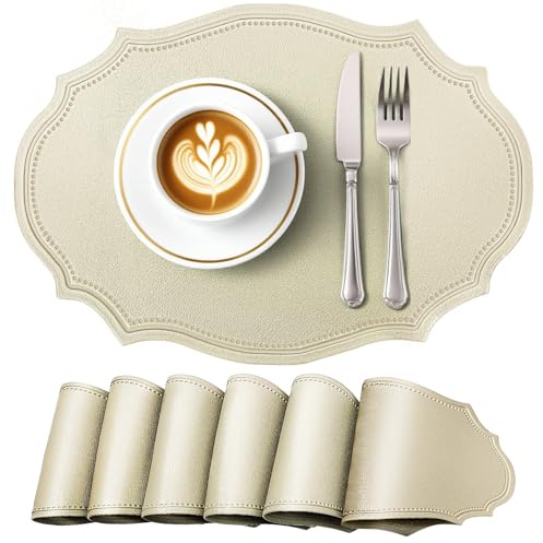 fanquare Retro Kunstleder Platzsets für den Tisch 6 Beige Oval Waschbar Hitzebeständig Tischsets für Party Küche Restaurant 43x29,5CM