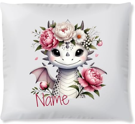 GRAZDesign Personalisierte Kinderkissen - Niedliches Drachenmotiv mit Blumenkranz - Kuscheliges Dekokissen für Kinderzimmer
