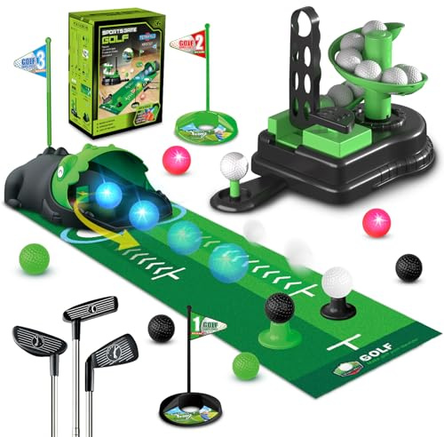 TERRAMUS 3-in-1 Golfset, Golfspielzeug mit Dinosaurier Ballrücklauf & Ballwerfer, LED Leuchtbällen, Spielzeug für drinnen & draußen, geeignet für Jungen Mädchen von 3-8 Jahren, Geschenkidee für Kinder