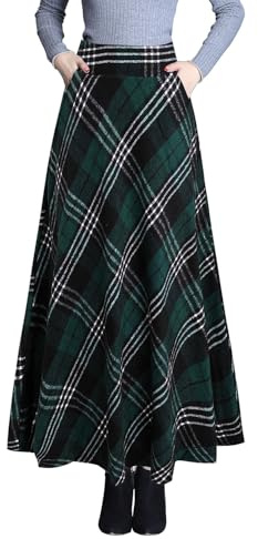 BiilyLi Gonna Lunga Inverno Donna Vintage Vita Alta Elegante Quadri Lana Maxi Skirt A-Linea Gonne 1929 Verde -XXL