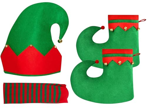 Cappello Elfo Natale Scarpe da Elfo per Adulto, Accessori Costume Elfos di Natale con Cappello da Elfos Copriscarpe da Elfoss Calze a Righe Verdi e Rosse, per Uomo Donna Natales Cosplay Carnevale (C)