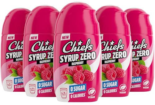 CHIEFS Syrup Zero, Himbeere, 5 x 65 ml, für mehr 32 l Fertiggetränk, Sirup zuckerfrei mit echten Fruchtextrakten, vegan, 0 Kalorien, made in Germany