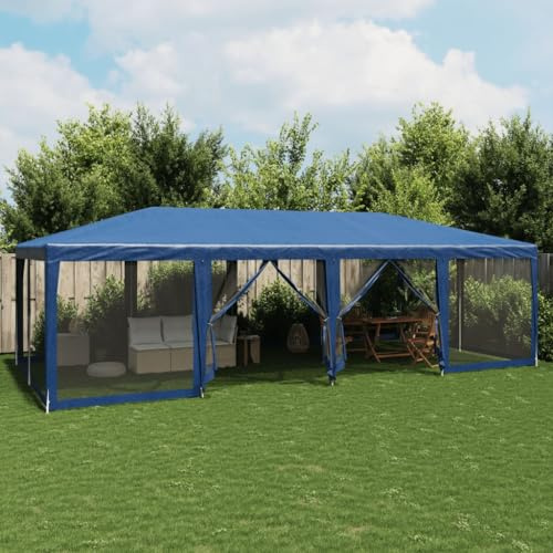 Blått festtält 8 x 4 m med 12 nätsidor, vattentätt HDPE-tak och robust järnram, perfekt för trädgårdsfester och utomhusevenemang
