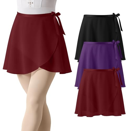 Velvelhall 3 Pack Women's Ballet Wrap Skirts Ladies Sheer Chiffon Dance Skirt with Adjustable Waistband for Adult Gymnastics(Black, Purple, Wine Red,Large)