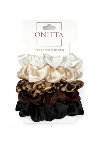 Satin Scrunchies Damen 5er Set – Braun & Leopardenprint (Leo) – Haarschonend ohne Abdrücke – Elastische Haargummis für Zopf, Dutt & Pferdeschwanz – ONITTA