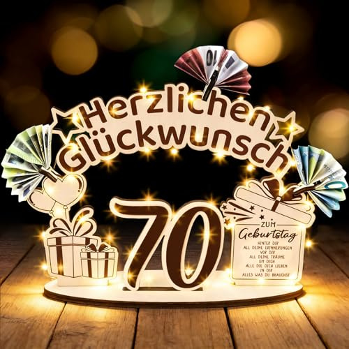 70 Geburtstag Mann Frau, Holz Geldgeschenke mit LED Lichterketten, Geschenk & Deko zum 70 Geburtstag Mann Frau, Geschenke für 70 Jährige Frauen Männer