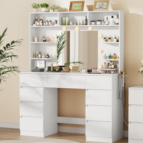 Schminktisch mit Spiegel und LED-Leuchten, Steckdosenleiste, 9 Schubladen | Große Vanity mit 7 Offenen Ablagen, 3 Farbmodi und Einstellbarer Helligkeit, 107Bcm, Weiß