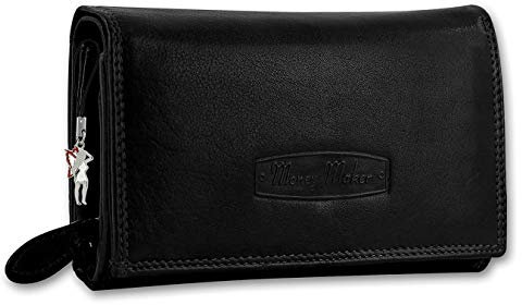 Money Maker Damen Leder Geldbörse Damen Portemonnaie Damen Geldbeutel - Lang Schwarz Leder