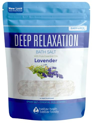 Deep Relaxation Bath Salt 32 Ounces Epsom Salt with Natural Lavender Essential Oil Plus Vitamin C in BPA Free Pouch with Easy Press-Lock Seal