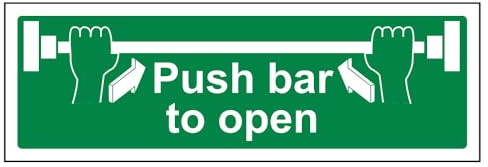 V Safety 22001BJ-S Push Bar To Open Sign - Landscape - 450mm x 150mm - Self Adhesive Vinyl, Green