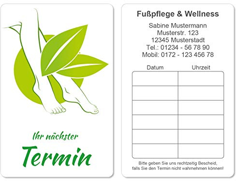 500 Terminkarten bedruckt mit Ihrer Adresse für Fußpflege Massage - Kein Stempel notwendig - Inkl. Kartenspender