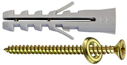Tasselli con Viti e Rondelle Ottonate Per Battiscopa, Misura Ø 6 x 30, Viti 4,0 x 35, Confezione da 60 pezzi