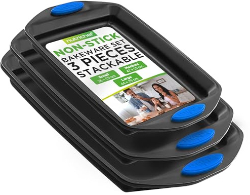 NutriChef Nonstick Baking Pan Set, 3-Piece Premium Carbon Steel Bakeware with Silicone Handles, Includes Large Medium Small Trays for Baking and Roasting, PFOA PFOS PTFE Free, Non Toxic Kitchenware