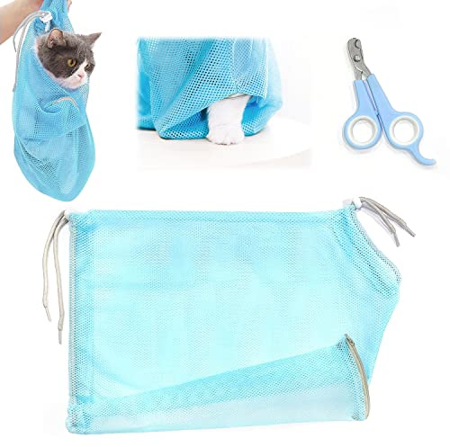 QEEQPF 1 set of pet nail scissors & cat grooming bag, mesh bag for bathing nail scissors cleaning and treatment, professional cat scissors small animal puppy nail scissors (blue)