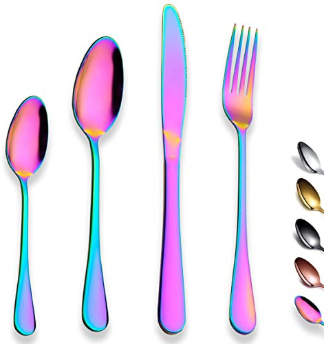 Kyraton Titanium Rainbow Plated Stainless Steel Flatware Set - Rainbow Cutlery Set, 24 Pieces, Dishwasher Safe