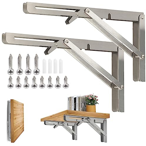 Escuadras Plegables Resistentes de Acero Inoxidable, 400 mm, 2 Piezas Cargables hasta 150 kg, para Cocina, Garaje y más. Ahorra Espacio