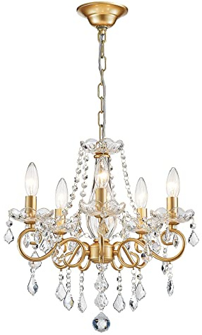 ANJIADENGSHI Mini Crystal Chandelier K9 Crystal Gold Chandelier for Living Room Bedroom Dining Room Kitchen Island Entryway 5 E12 Bulbs High 16.5 in x Diameter 16.9 in, Golden