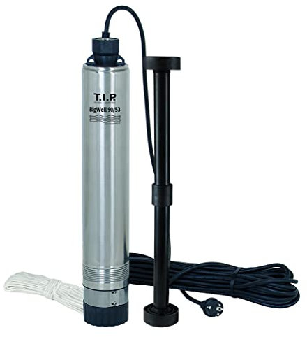 T.I.P. Brunnenpumpe - Tiefbrunnenpumpe Edelstahl (5.400l/h Fördermenge, 53m Förderhöhe, 5,3 bar Druck, sandresistent durch erweiterbaren Fuß, ab Brunnen Ø10cm, 20m Eintauchtiefe) BigWell 90-53, 30083