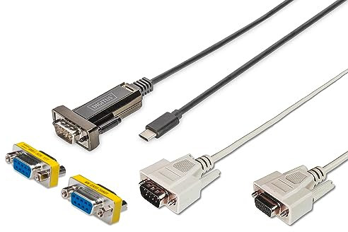 DIGITUS Set: USB-C auf Seriell Adapter – RS232 Konverter – USB 2.0 Typ-C zu DSUB 9M – FTDI FT232RL Chipsatz – Inkl. 1 m Kabel – Mit D-Sub 9 Gender-Changer & D-Sub 9 Verlängerungskabel 3 m