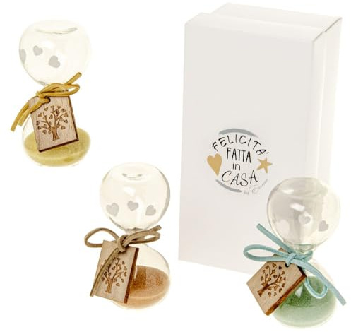 Generico Nuovissima Clessidra NUANCE VARIE MISURE E COLORI con bellissima SCATOLA REGALO e tag in legno idea regalo bomboniera bomboniere per cerimonia (6pz Sabbia Colorata 8cm)
