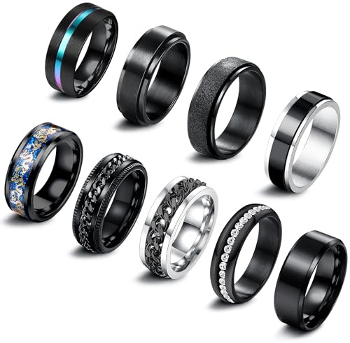 ADRAMATA 9Pcs Anello Uomo Acciaio Inossidabile Anello Antistress Vintage FEDI Nuziali Anelli di Fidanzamento Promessa Anello a Catena Anelli Fidget Set Anelli Uomo Mujer Anello Uomo Nero Argento