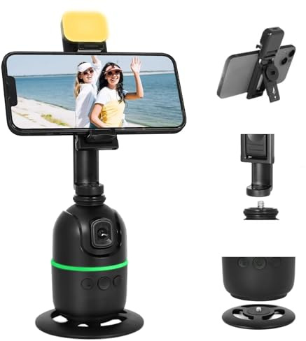 KozyOne Trépied de suivi automatique du visage/corps, aucune application requise, support de téléphone rotatif à 360° avec la lumière de remplissage, support de téléphone de surveillance