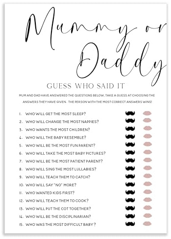 Baby Shower Games - Pack of 15 Mummy or Daddy Game Cards- White Minimal Elegant Design-Unisex-A5 Size (BSOBMD15)