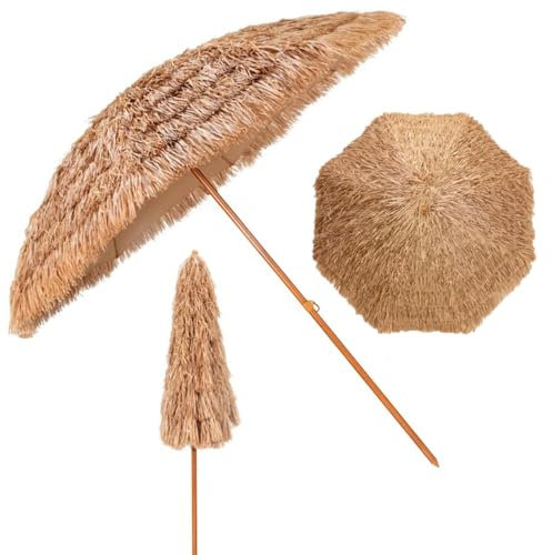 HAEKEBC Tropisch Strohschirm Hawaii Strandschirm 240cm Bastschirm Hula Bast Regenschirm, Gartenschirm Im Freien Mit Kurbelgriff(240cm/7.8ft)