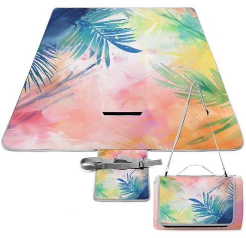 Xiputvl 3D-Eindruck Palmblatt Picknickdecke Kunst Strandmatte Outdoor Teppich Wasserdicht, Faltbar Strandliege Für Strand, Picknick, Camping Und Wandern 148x148cm