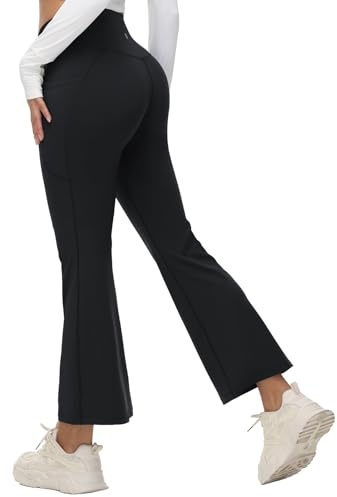 BALEAF Dam utsvängda leggings hög midja yogabyxor bootcut stretchiga gymbyxor med fickor, Svart-27 tum, M