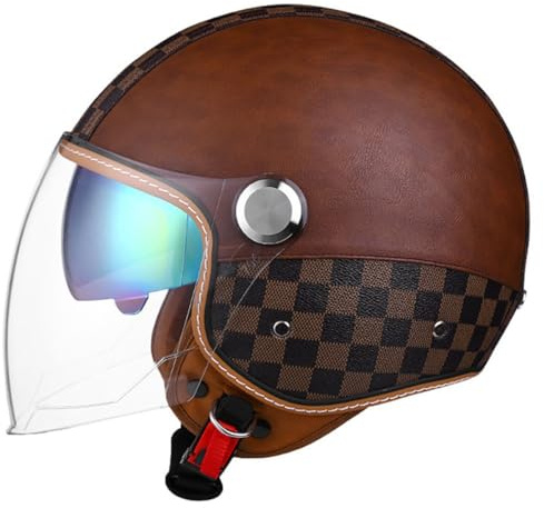Vintage Cuir Casque De Moto Jet pour Homme Et Femme avec Anti Scratch Visiere Portable Casque Moto Bols ECE Homologué Face Ouverte Casque Mobylette Adulte Demi Casque