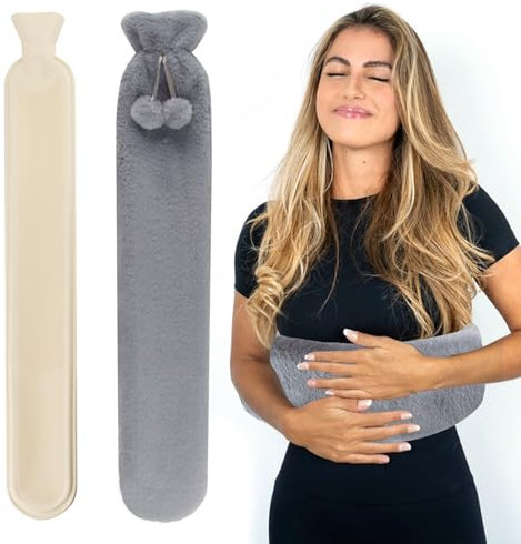 Hyran Bolsa Agua Caliente Larga, 2L Bolsa de Agua Caliente Peluche, 75 cm Botella de Agua Caliente de Goma con Suave Felpa Funda, Bolsa Térmica Extraíble y Lavable para Adultos y Niños