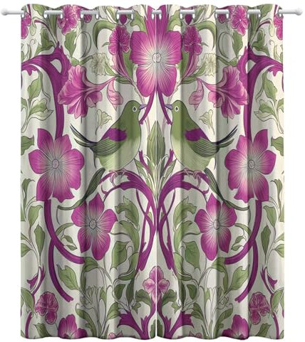 CozyRest Kinder Vorhänge Lila Blumen und grüne Vögel Ösen Gardinen mit Blickdichte Thermo Vorhang Kälteschutz Blackout Curtain Kinderzimmer Schlafzimmer Ösenvorhang H 214 x B 91.5 cm