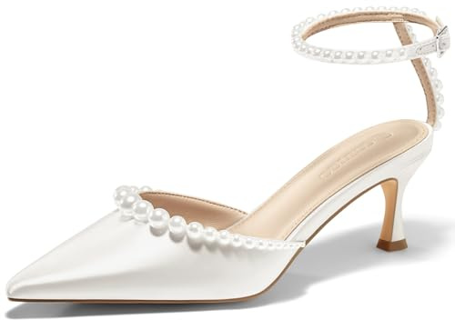 Coutgo Womens Pearl Kitten Heels Closed Pointed Toe Wedding Bride Dress Shoes Ankle Strap Satin Pumps, White, Size 8.5