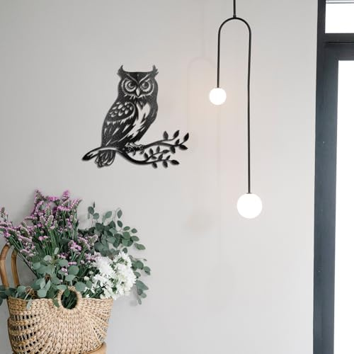 WADORN Eule Metall Wanddekoration Vogel Auf Ast Silhouetten Skulptur Wanddekoration Blätter Mit Vögeln Metallornament Hängeschild Für Zuhause Balkon Garten Innenhof Schlafzimmer Büro 30x29.4cm