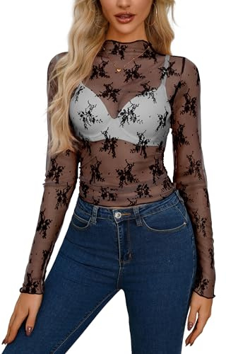 Haut sexy pour femme - Haut en maille - Haut transparent, Noir , XXL