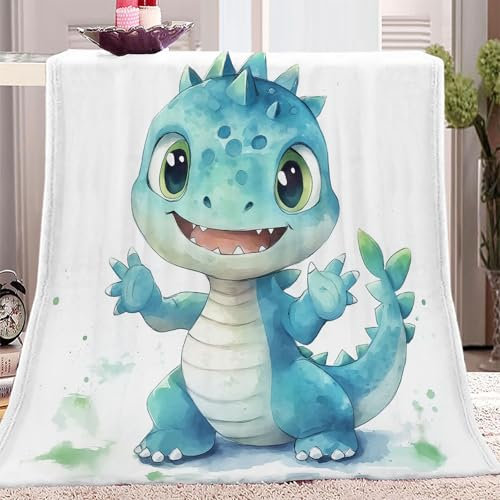 Flanelldecke Blau Weiß,leichte, gemütliche Bettdecke, weiche Überwurfdecke, 150 x 200 cm Bettdecke für Couch, Sofa, geeignet für alle Jahreszeiten, Cartoon Kleiner Dinosaurier winkt