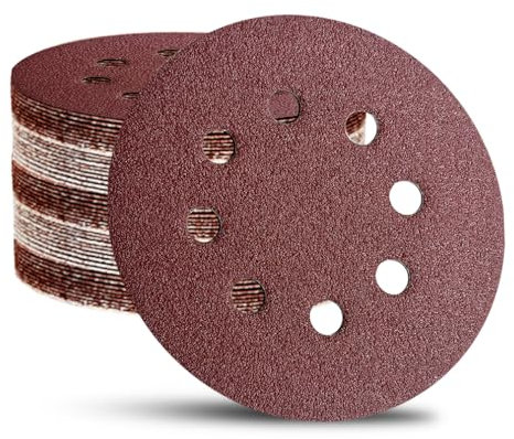 52 Pack 5 Inch 8-Hole Hook and Loop Sanding Discs Sandpaper Red Round 60 80 120 220 320 Mixed Grits Sandpaper for Random Orbital Sander