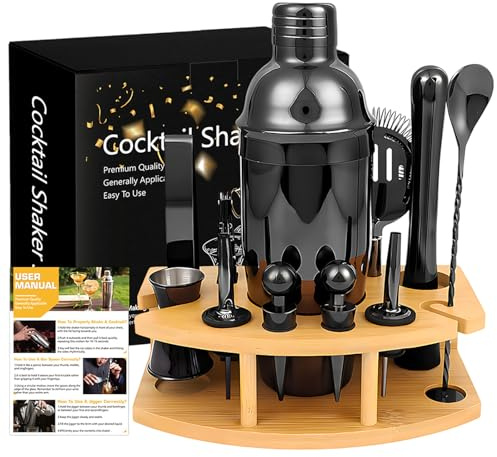 Cocktail Shaker Set, 12-teiliges Edelstahl Coktailshakerset, 750ml Shaker mit Ständer, Professionelles Barkeeper Set für Hausbar, Cocktail Zubereitung Kit für Getränke und Mixgetränke
