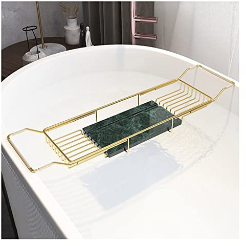 KHYTEBV Estante de Almacenamiento para bañera, Bandeja Extensible de Acero Inoxidable para bañera con Tabla de Cortar de mármol, se Adapta a la mayoría de bañeras Independientes
