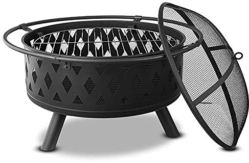 Grande braciere a legna in ferro battuto con schermo anti-scintille e griglia di cottura, braciere per barbecue per patio esterno, falò da cortile