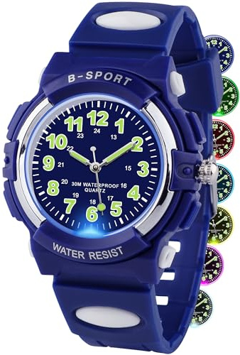 GUUMUXIN Reloj analógico para niños con luces de colores, reloj impermeable de 30M para aprender, reloj deportivo para niños y niñas, con correa de TPU para niños de 5 a 16 años, azul, Moderno